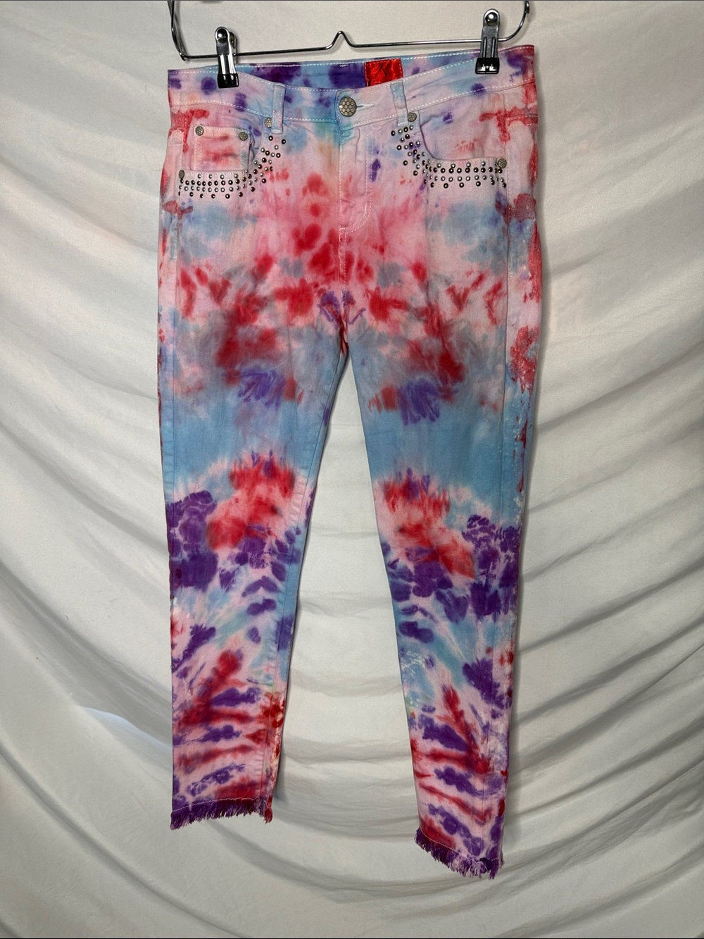 V Cristina Tie-Dye Studded Ankle Skinny Jeans - Red, Purple & Blue